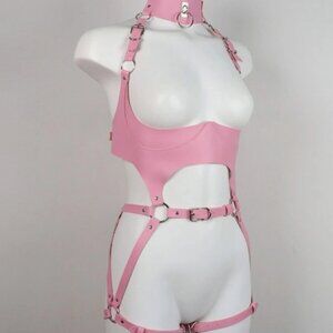 Pink PU Leather Bodysuit Harness Set
